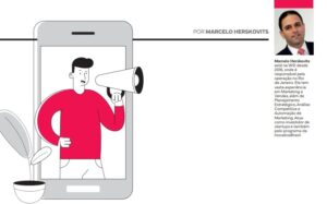 WSI. Uma Ilustração de um rapaz dentro de uma tela de celular com um mega fone na boca e do outro lado da imagem a foto do Marcelo Herskovits com algumas descrições sobre a sua carreira.